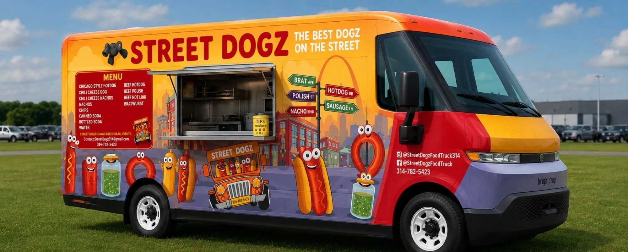 StreetDogz Hot Dog Food Truck food truck — full color wrap with hotdog mascots and St. Louis skyline
